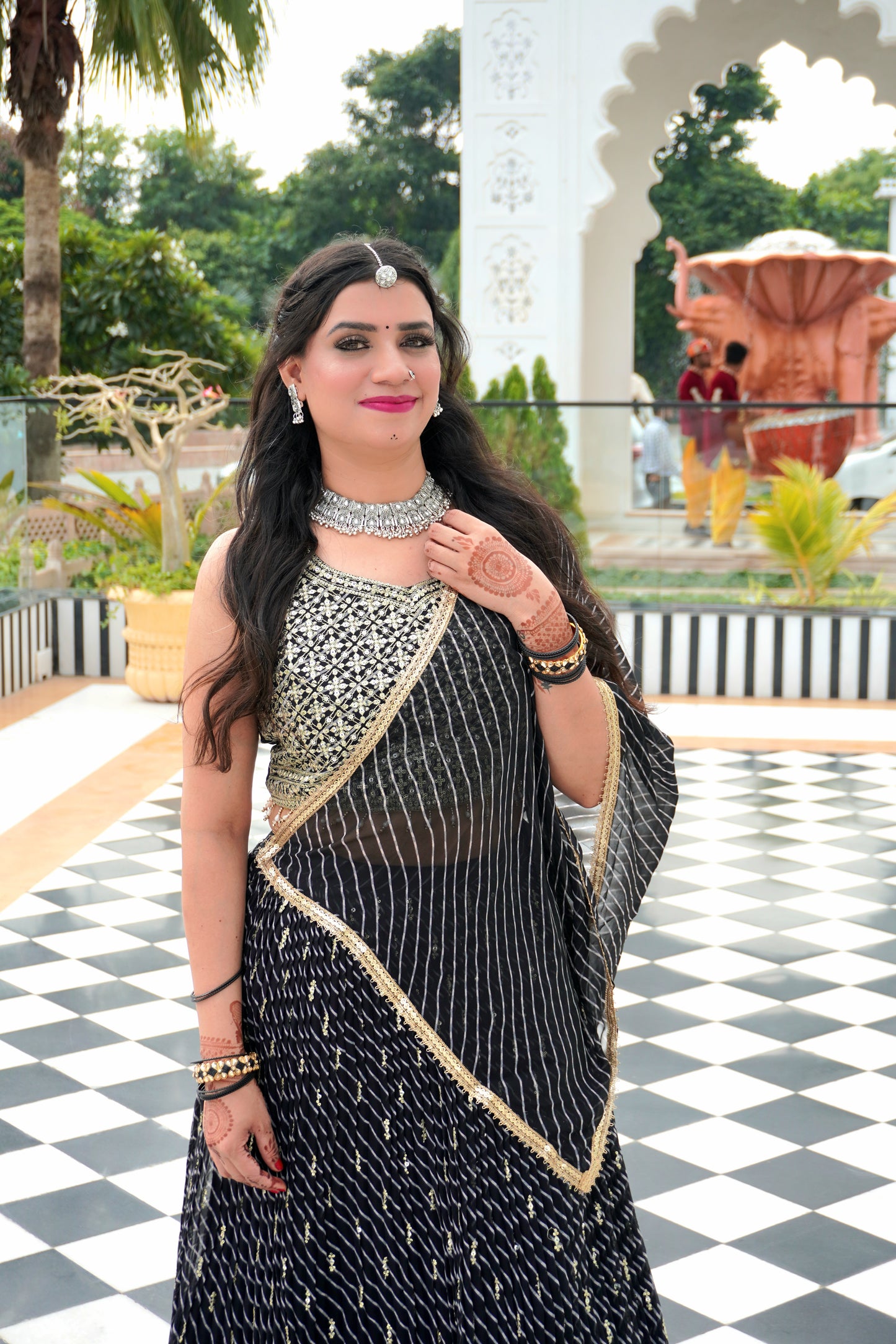 Black Colour Zari Work Bandhani Print Free size Ready to Wear Designer Lehenga (Dress have 4 inch of margin both side for alteration as per customer need)