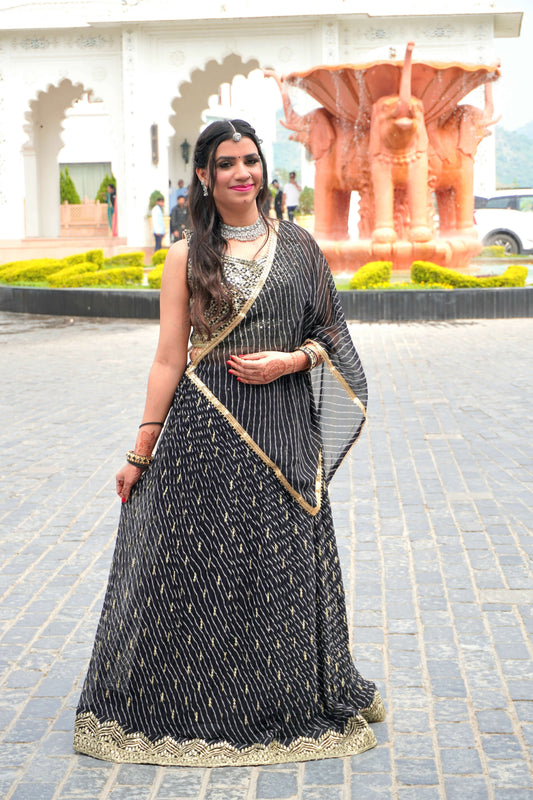 Black Colour Zari Work Bandhani Print Free size Ready to Wear Designer Lehenga (Dress have 4 inch of margin both side for alteration as per customer need)