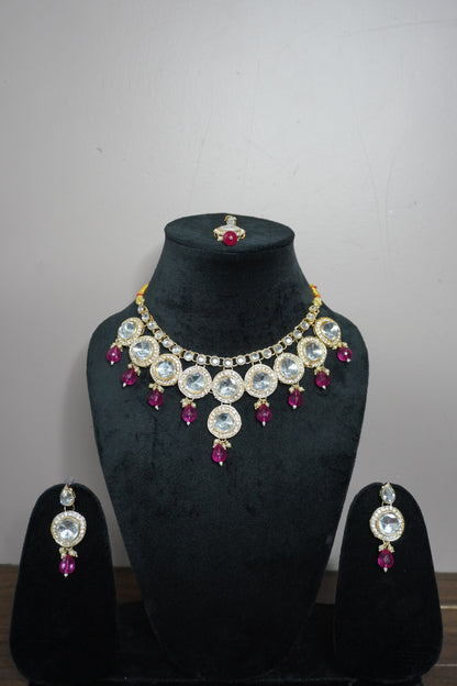 Pink Colour Kundan Necklace with Earring & Maang Tikka