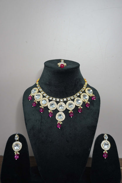 Pink Colour Kundan Necklace with Earring & Maang Tikka