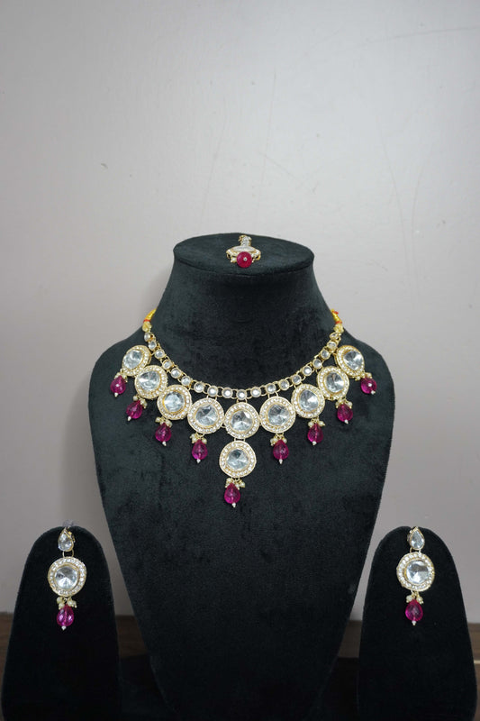 Pink Colour Kundan Necklace with Earring & Maang Tikka