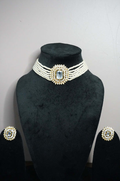 Gold Plated Pearl Choker Necklace with Earring