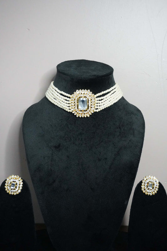 Gold Plated Pearl Choker Necklace with Earring