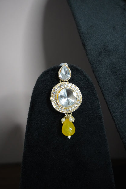 Yellow Colour Kundan Necklace with Earring & Maang Tikka