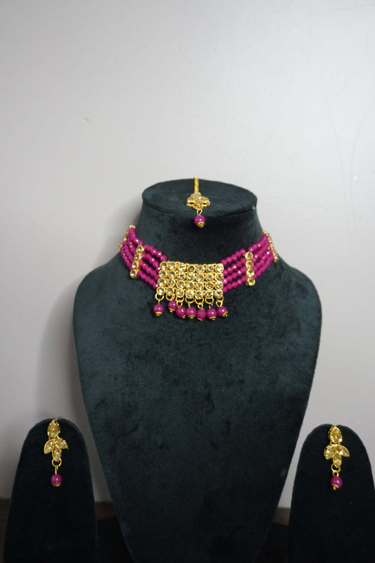 Pink Colour Kundan Necklace with Earring & Maang Tikka