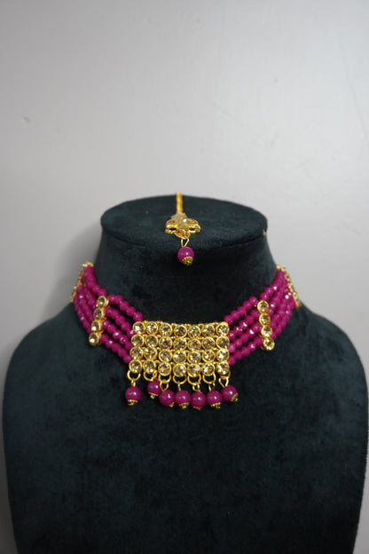 Pink Colour Kundan Necklace with Earring & Maang Tikka