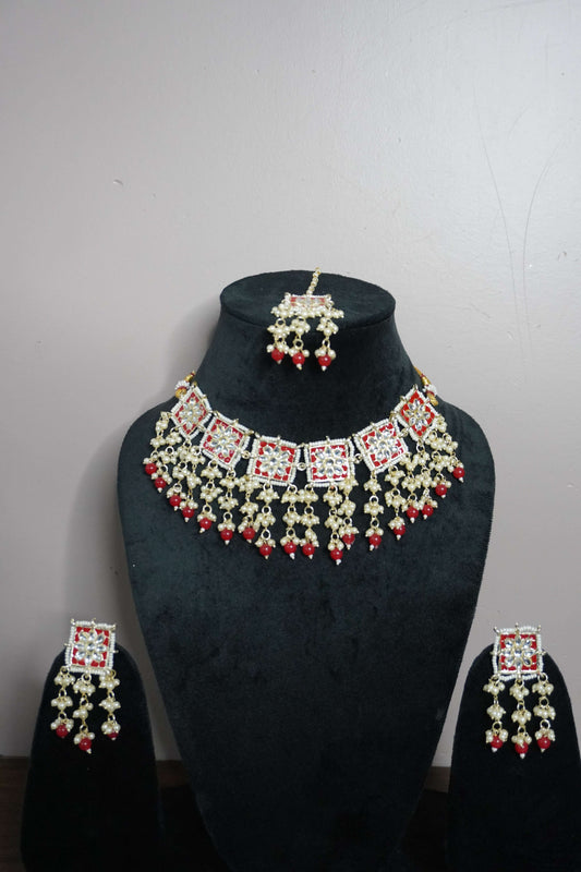 Red Colour Gold Plated Pearl Choker Necklace with Earring & Maang Tikka