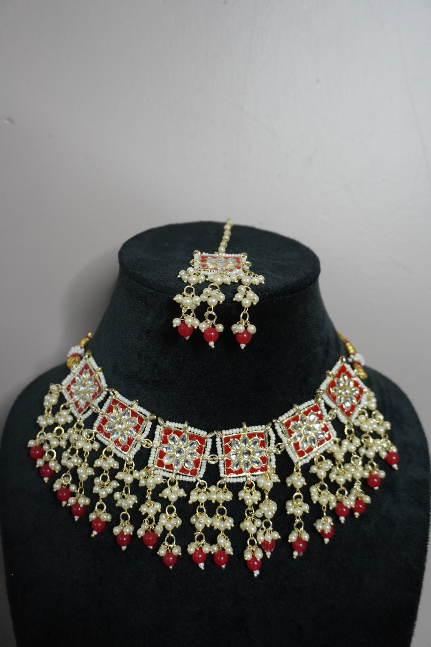 Red Colour Gold Plated Pearl Choker Necklace with Earring & Maang Tikka