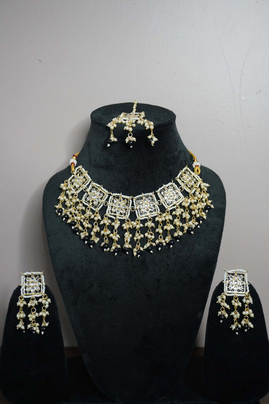 Black Colour Gold Plated Pearl Choker Necklace with Earring & Maang Tikka