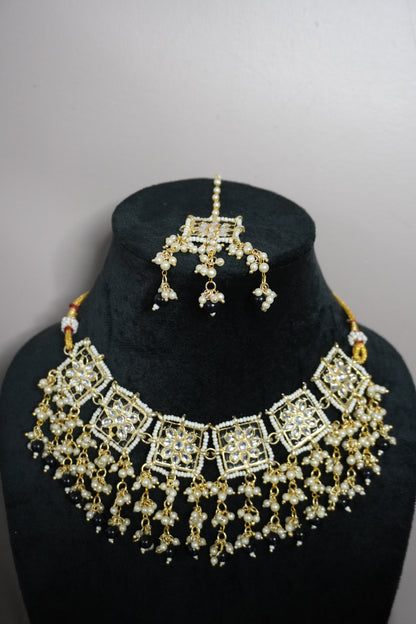 Black Colour Gold Plated Pearl Choker Necklace with Earring & Maang Tikka