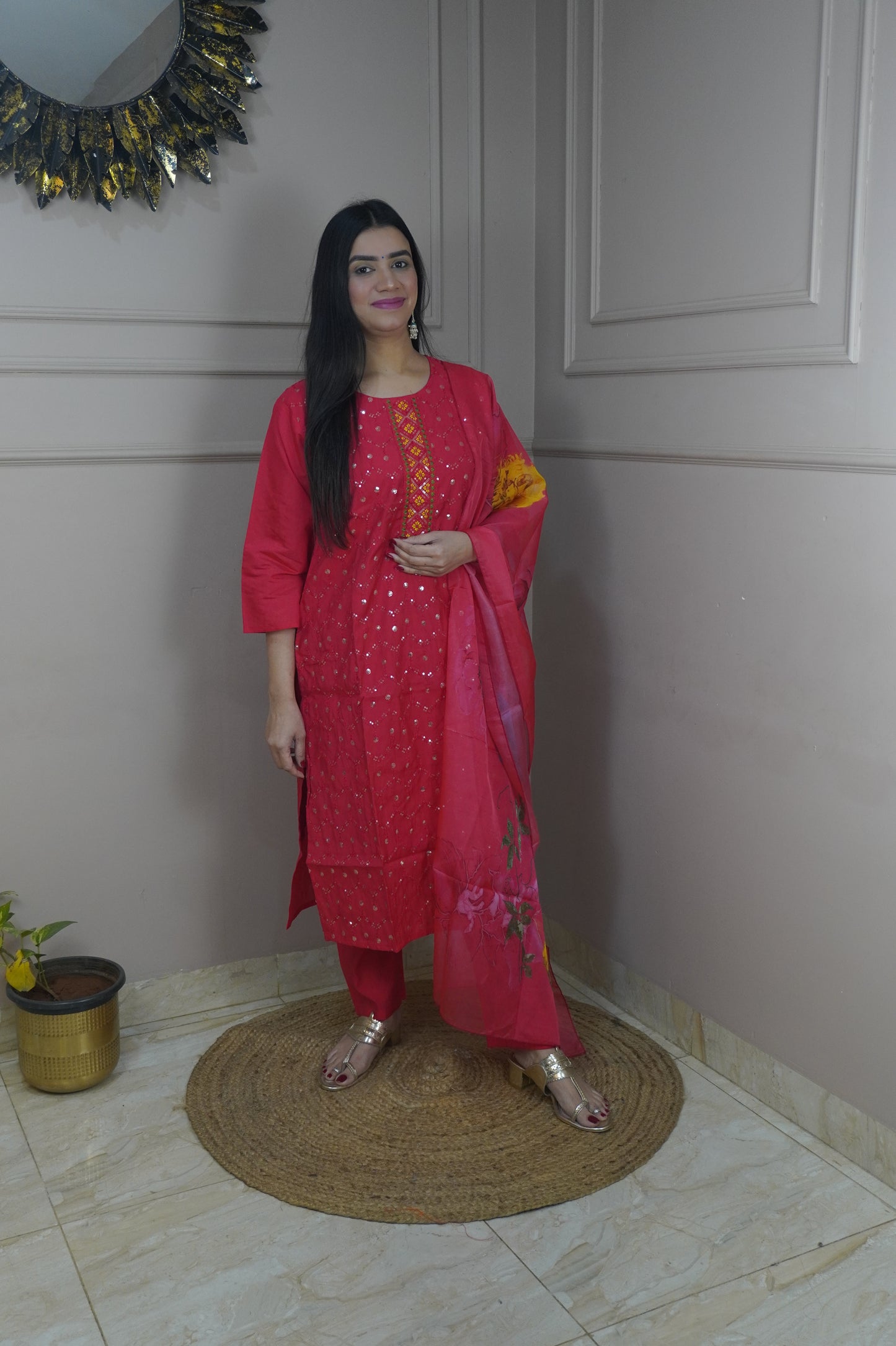 Magenta colour Sequence chikankari work Kurta with Pant and Printed Dupatta