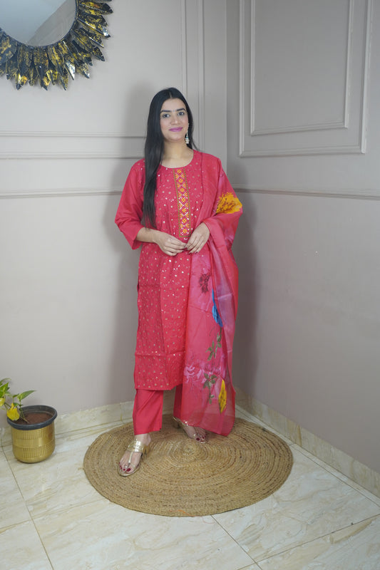 Magenta colour Sequence chikankari work Kurta with Pant and Printed Dupatta
