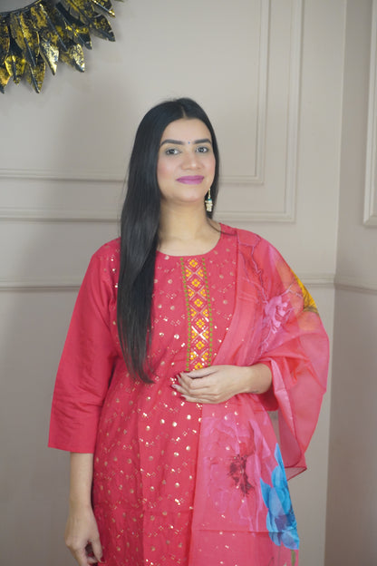 Magenta colour Sequence chikankari work Kurta with Pant and Printed Dupatta