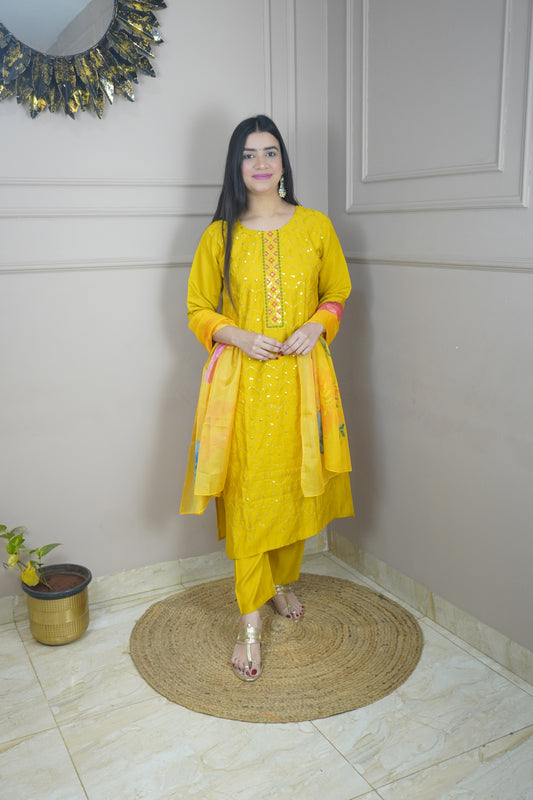 Mustard Yellow colour Sequence chikankari work Kurta with Pant and Printed Dupatta