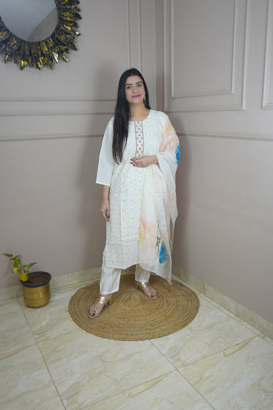 Off White colour Sequence chikankari work Kurta with Pant and Printed Dupatta