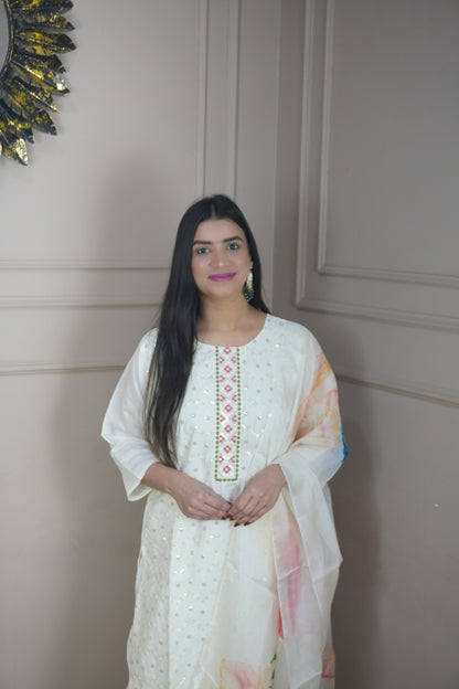 Off White colour Sequence chikankari work Kurta with Pant and Printed Dupatta