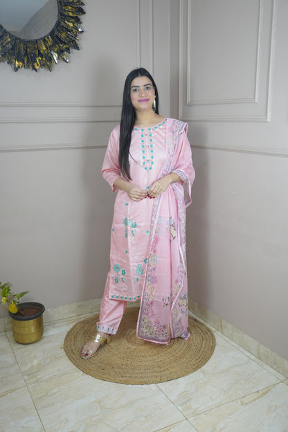 Baby Pink colour Thread work Kurta with Pant and Printed Dupatta