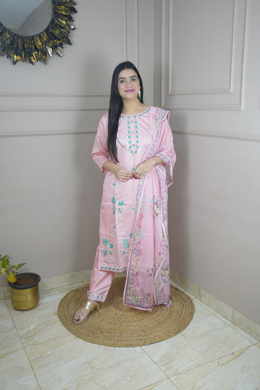 Baby Pink colour Thread work Kurta with Pant and Printed Dupatta