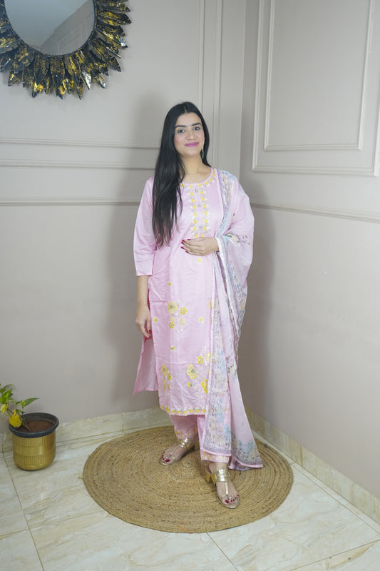 Light Pink colour Thread work Kurta with Pant and Printed Dupatta
