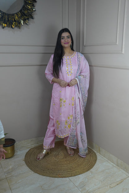 Light Pink colour Thread work Kurta with Pant and Printed Dupatta