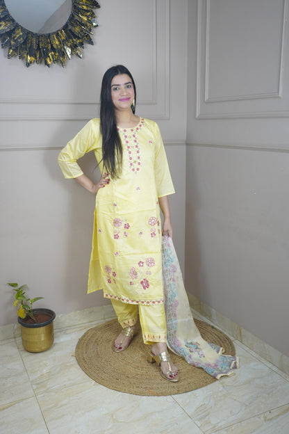 Light Yellow colour Thread work Kurta with Pant and Printed Dupatta