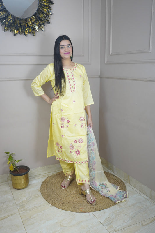 Light Yellow colour Thread work Kurta with Pant and Printed Dupatta