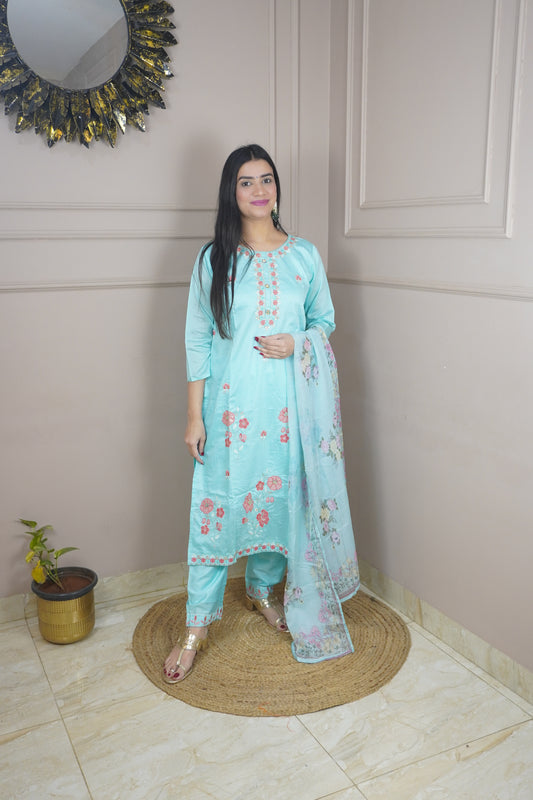 Sky Blue colour Thread work Kurta with Pant and Printed Dupatta