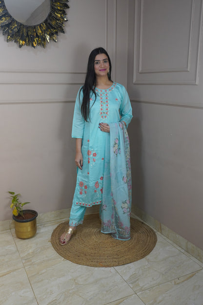 Sky Blue colour Thread work Kurta with Pant and Printed Dupatta