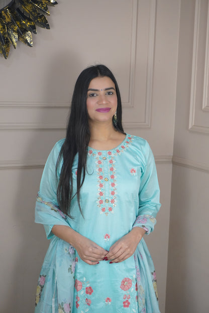 Sky Blue colour Thread work Kurta with Pant and Printed Dupatta