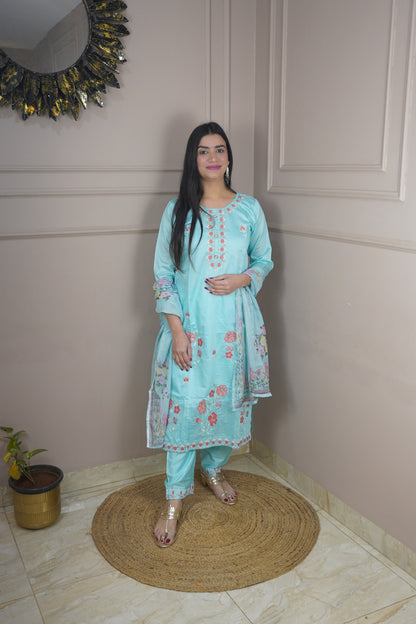 Sky Blue colour Thread work Kurta with Pant and Printed Dupatta