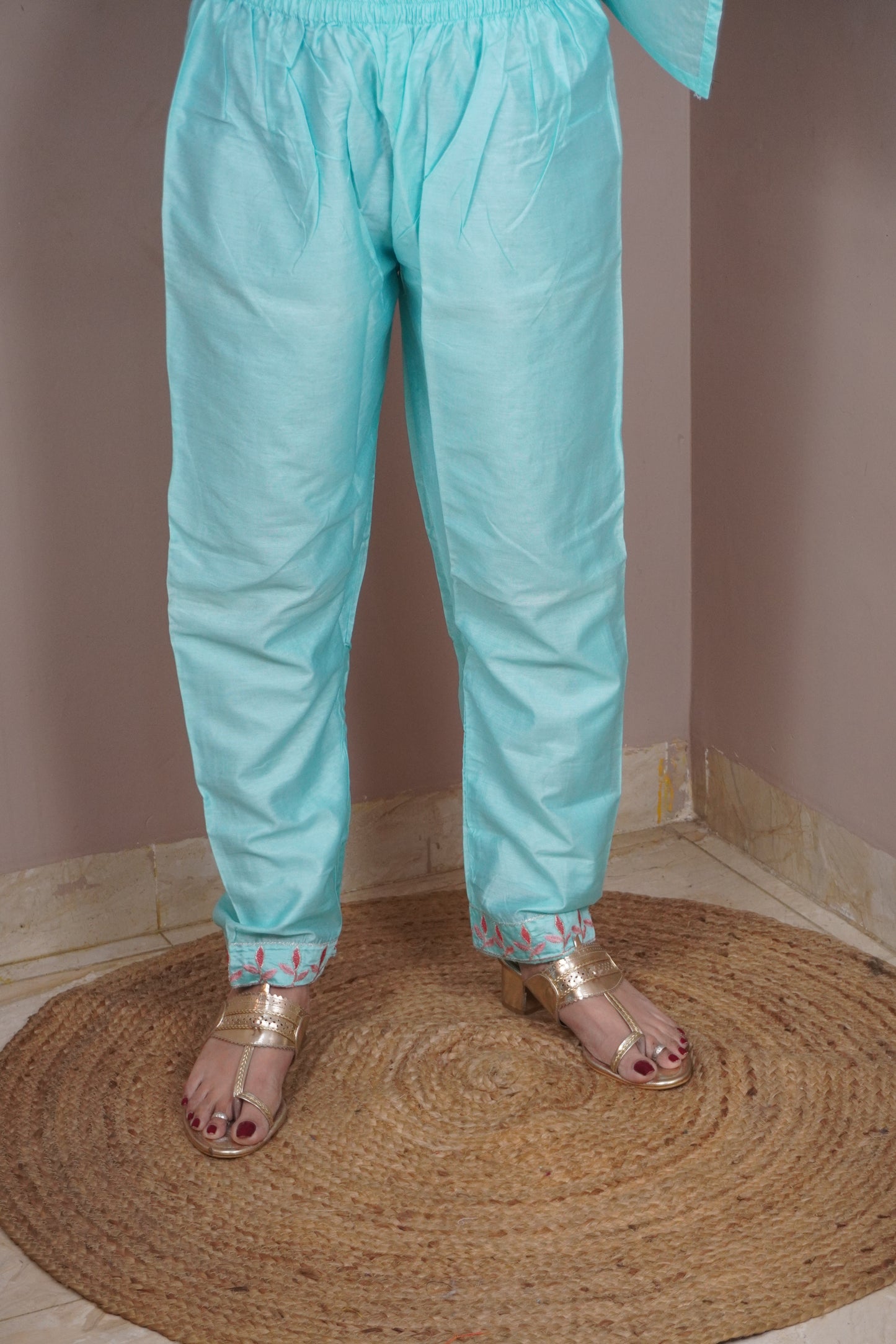 Sky Blue colour Thread work Kurta with Pant and Printed Dupatta
