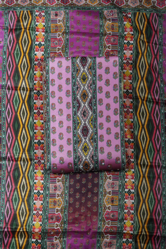 Pink Colour Mirror work Unstitched Suit Fabric with Printed Dupatta