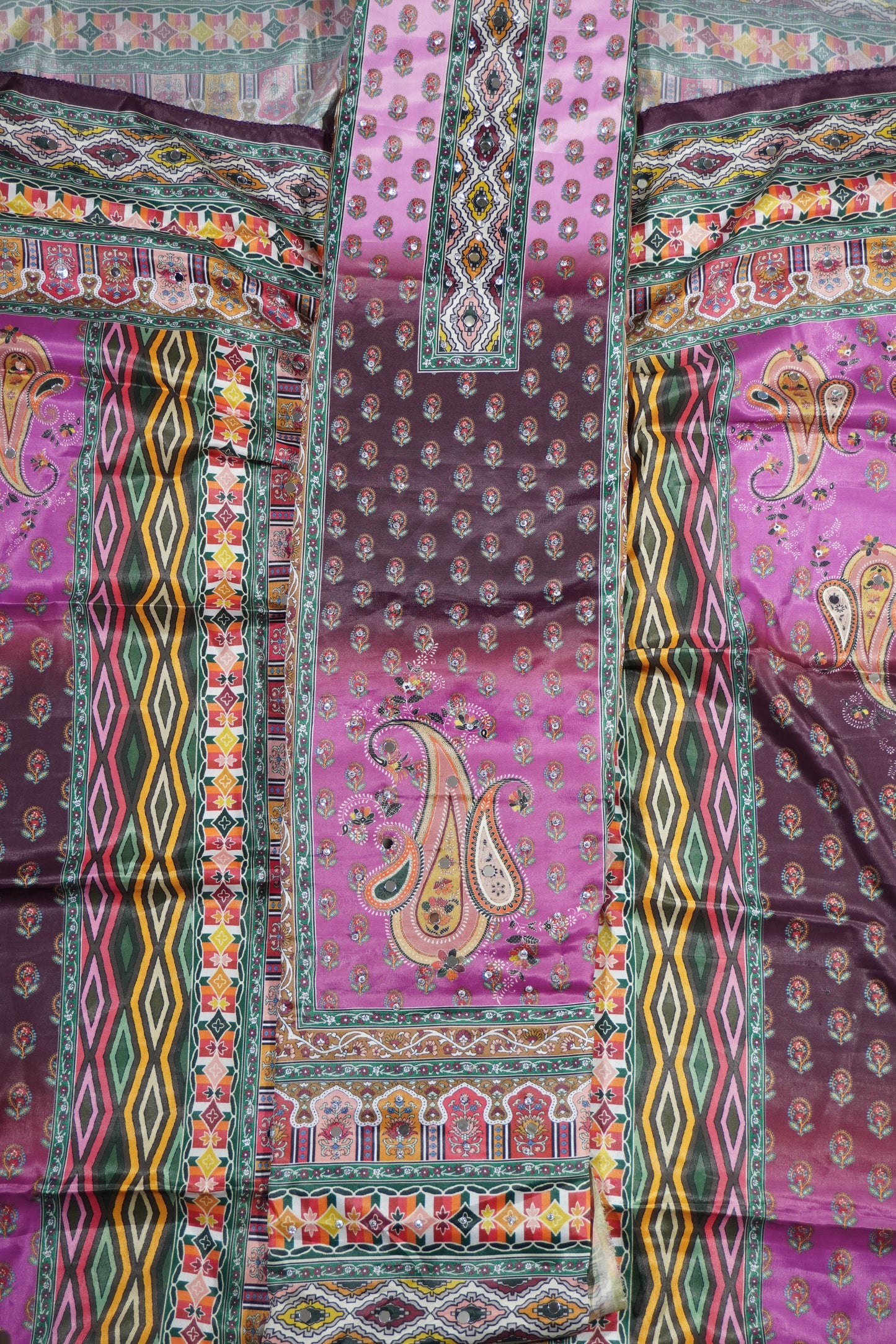 Pink Colour Mirror work Unstitched Suit Fabric with Printed Dupatta