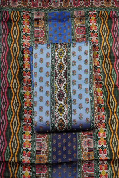 Blue Colour Mirror work Unstitched Suit Fabric with Printed Dupatta