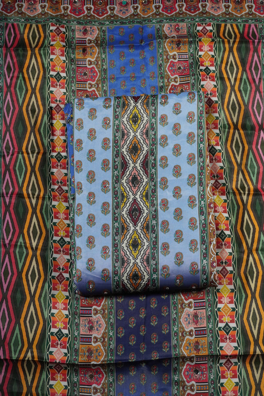 Blue Colour Mirror work Unstitched Suit Fabric with Printed Dupatta