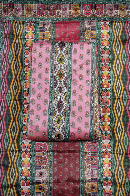 Pink Colour Mirror work Unstitched Suit Fabric with Printed Dupatta