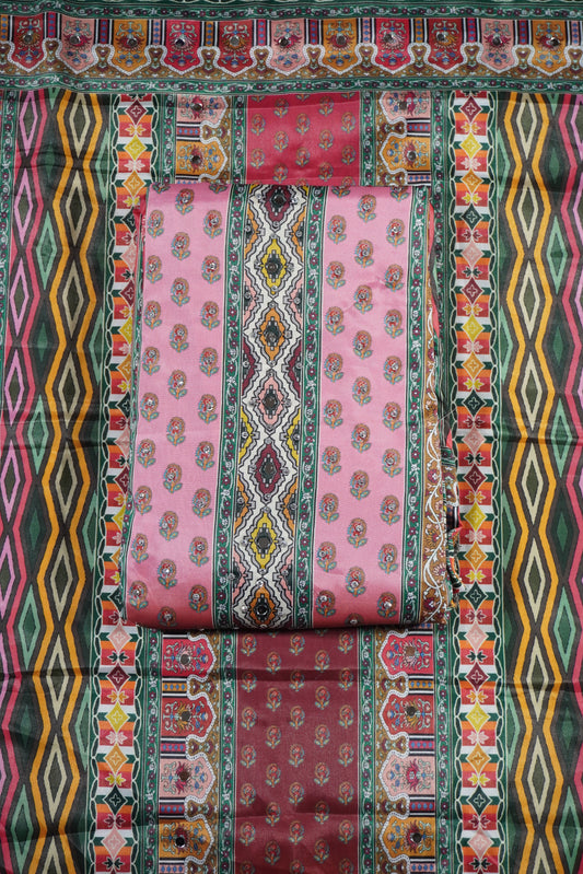 Pink Colour Mirror work Unstitched Suit Fabric with Printed Dupatta