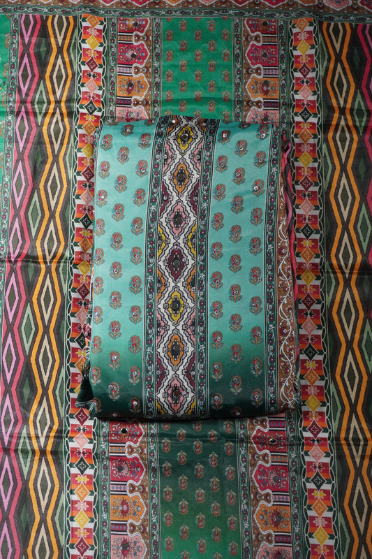 Green Colour Mirror work Unstitched Suit Fabric with Printed Dupatta