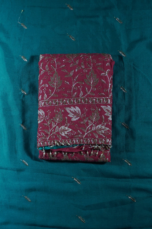 Pink Colour Thread work Unstitched Suit Fabric with contrast Pant Dupatta