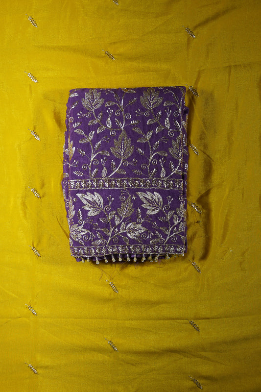 Purple Colour Thread work Unstitched Suit Fabric with contrast Pant Dupatta