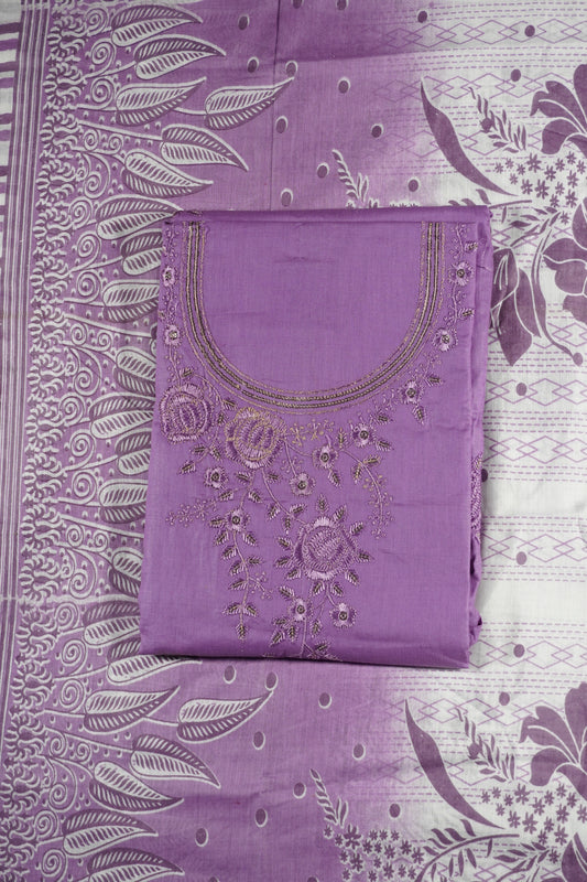 Purple Colour Thread work cotton Unstitched Suit Fabric with Pant & cotton Dupatta