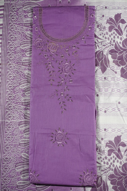 Purple Colour Thread work cotton Unstitched Suit Fabric with Pant & cotton Dupatta