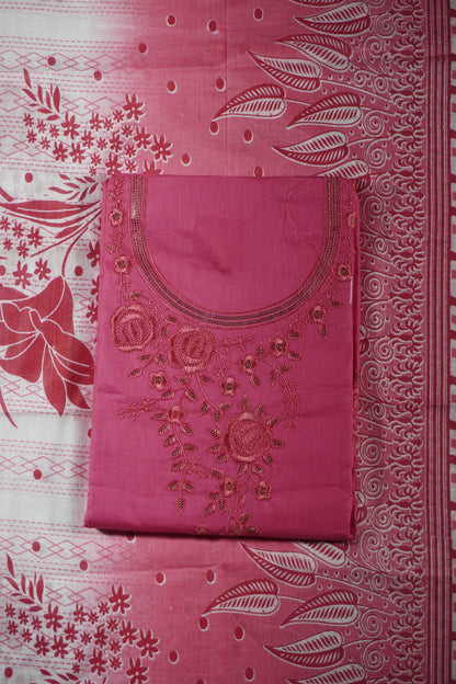 Pink Colour Thread work cotton Unstitched Suit Fabric with Pant & cotton Dupatta