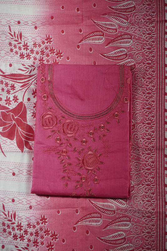 Pink Colour Thread work cotton Unstitched Suit Fabric with Pant & cotton Dupatta