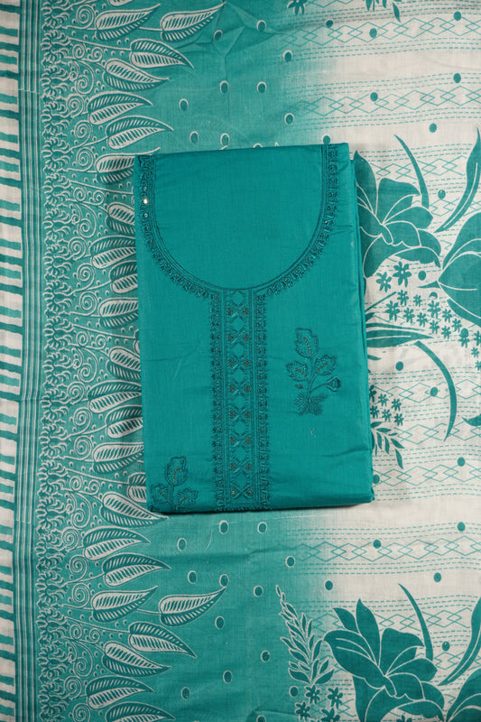 Sea Green Colour Thread work cotton Unstitched Suit Fabric with Pant & cotton Dupatta