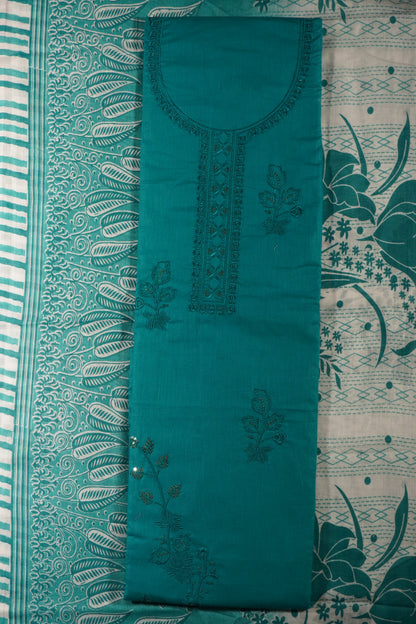 Sea Green Colour Thread work cotton Unstitched Suit Fabric with Pant & cotton Dupatta