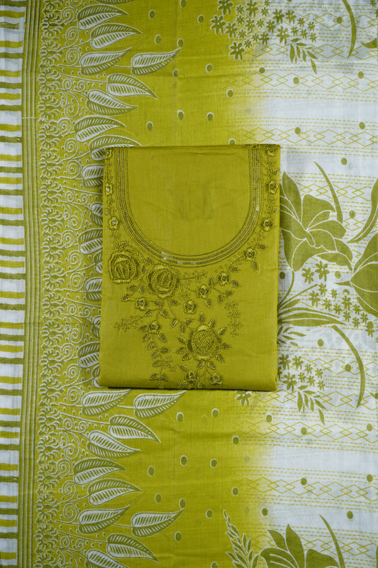 Neon Green Colour Thread work cotton Unstitched Suit Fabric with Pant & cotton Dupatta