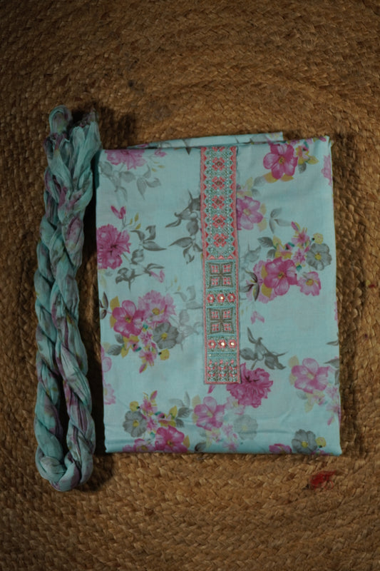 Light Blue Colour cotton Unstitched Suit Fabric with Pant & Chiffon Dupatta