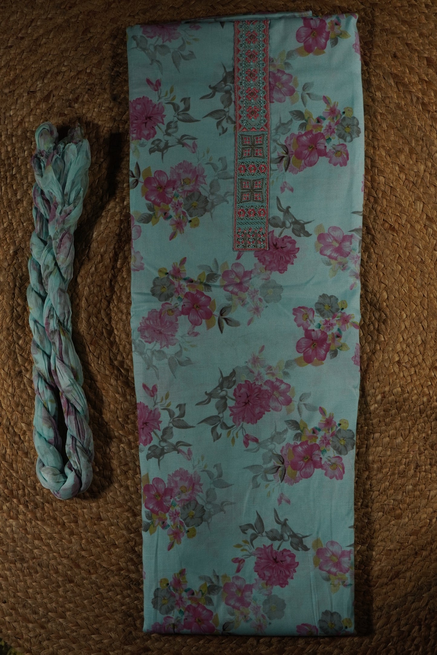 Light Blue Colour cotton Unstitched Suit Fabric with Pant & Chiffon Dupatta