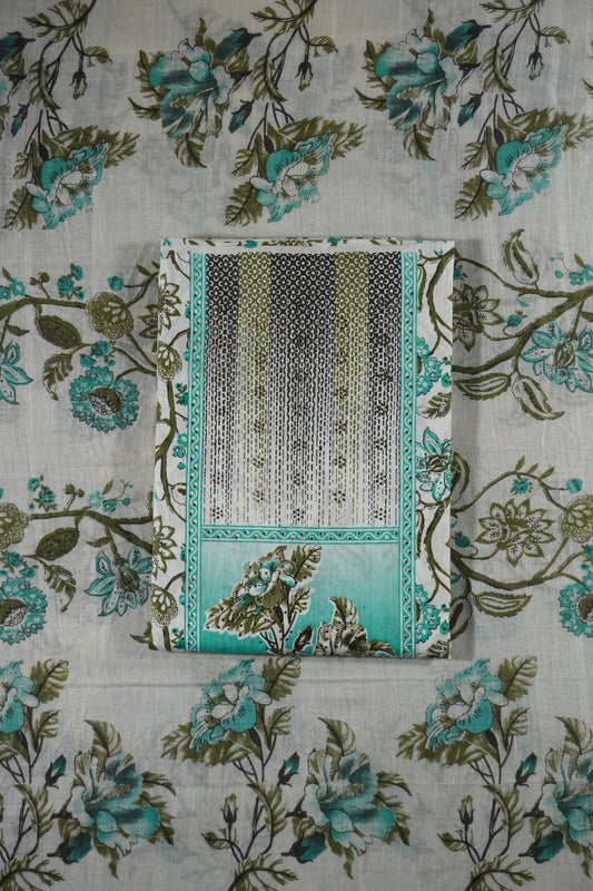 Sea Green Colour cotton Unstitched Suit Fabric with Pant & cotton Dupatta